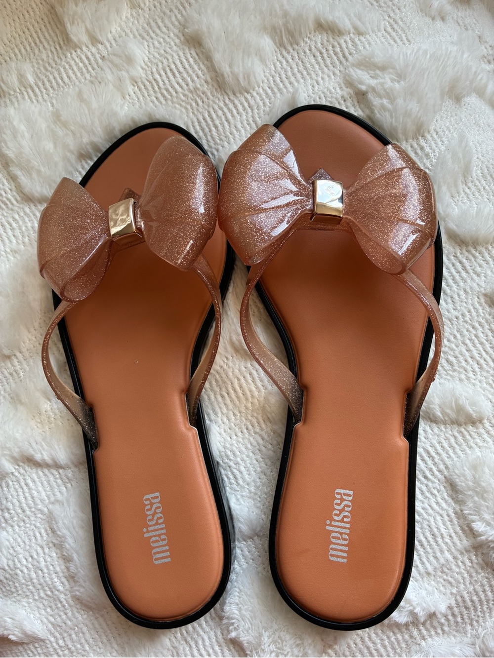 Melissa Women's Glitter Bow Slide Sandals in Rose Gold 7 Brand New